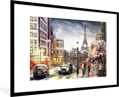 Produktbild von MuchoWow® Gerahmtes Poster Gemälde - Paris - Frankreich - Öl 90x60 cm - Poster mit Schwarzem Bilderrahmen Wandposter Rahmen Foto Bilder - Wanddekoration - Fotos