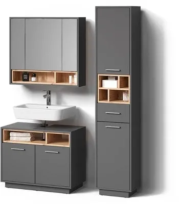 Produktbild von Badmöbel-Set Temo, Anthrazit, 3 Teile, mit Hochschrank