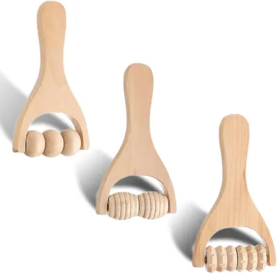 Image de Ensemble de rouleaux de massage en bois, 3 pièces, avec poignée, rouleau myofascial, pour le dos et les jambes