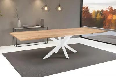Produktbild von Esstisch Sessa mit Ansteckplatten | 200 x 100 cm (erweiterbar auf 300 x 100 cm) |Eichenholz massiv + geölt | echte Baumkante | Spider-Gestell Metall weiß | Baumkantentisch/Esszimmertisch
