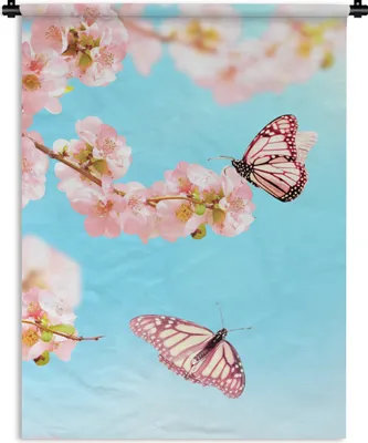 Produktbild von MuchoWow® Wandteppich Wandbehang Schmetterlinge - Baum - Blumen 150x200 cm Tapisserie Dekoration Wandtuch - Wandaufhängung - Moderner