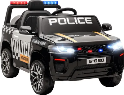 Image de Voiture électrique pour enfants Police - Voiture électrique 12 V - Double moteur - Télécommande 2,4 G - Suspension aux 4 roues - Sirène et phares LED - USB et Bluetooth - Noir