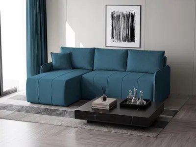 Produktbild von Ecksofa Capri L-form mit Schlaffunktion, Bettkasten & universeller Ottomane, Blau