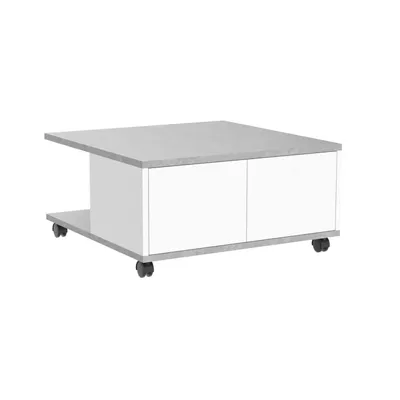 Produktbild von FMD furniture Couchtisch Sofatisch 70 x 70 x 36 cm Beton / weiß Edelglanz zwei Ablagen + 2 Schubladen, auf Rollen