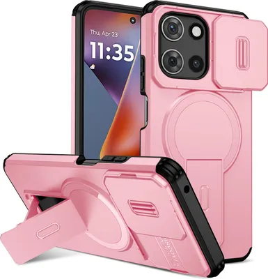 Image de Etui magnétique pour Motorola Moto G 2025, étui durable double couche avec protection coulissante de l'appareil photo et support ajustable Rose