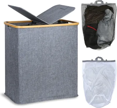 Image de Panier à linge avec couvercle, 2 compartiments, 140 litres, avec sacs à linge amovibles, pour le rangement du linge