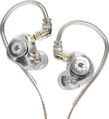 A pair of transparent in-ear monitor headphones with silver accents and gold drivers, shown against a white background.