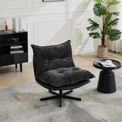 Immagine prodotto di MODFU, poltrona girevole con schienale regolabile in 3 posizioni, sedia da ufficio con funzione girevole a 360°, poltrona relax con gambe in metallo nero, rivestita in chenille, colore grigio scuro