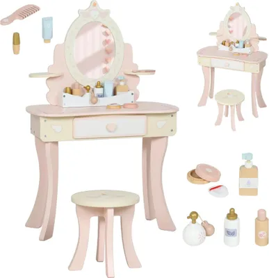 Image de Table de maquillage pour enfants - 2 en 1 : table de coiffure/bureau - Avec tabouret - Miroir - Tiroir - Livrée avec 7 accessoires - À partir de 3 ans - Rose