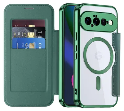 Image de Étui pour Google Pixel 11, compatible avec MagSafe, étui transparent avec porte-cartes, étui en cuir avec protection pour l'appareil photo, couleur verte