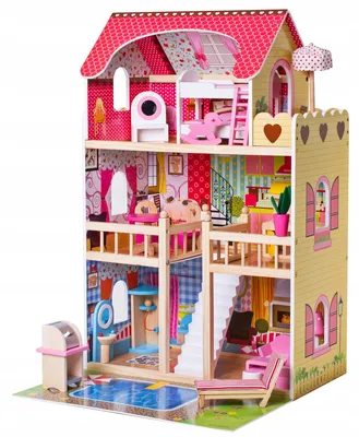 Image de Maison de poupées en bois avec éclairage LED | Set de meubles 15 pièces | 3 étages| 60x33x90cm