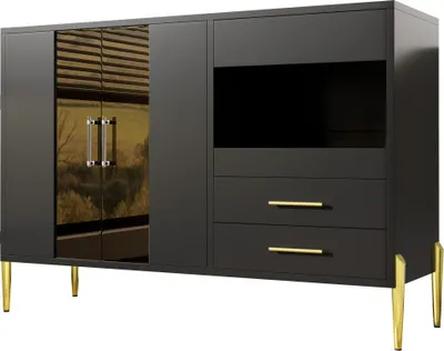 Produktbild von Modernes Sideboard 120x39.5x84cm Vitrine Tealfarbene Glastuer Kristall-Acryl Griffe Goldene Eisenbeine Schwarzer Korpus Fuer Esszimmer Wohnzimmer