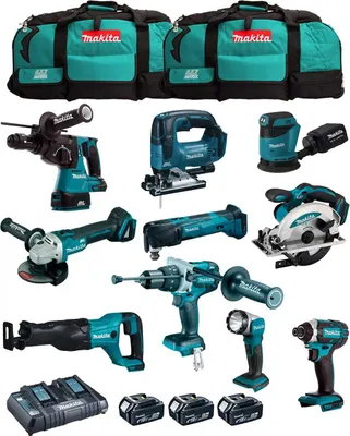 Produktbild von MAKITA Kit MK1002 (DHP481+ DHR243+ DGA504+ DTD152+ DJV182+ DSS610+ DJR186+ DBO180+ DTM51+ DML802+ 3x5,0Ah + DC18RD + 2xLXT600)