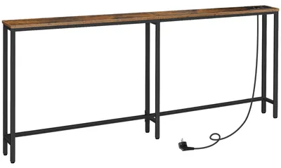 Schmale Konsole mit Ladestation, 200x15x80 cm, Vintage Braun/Schwarz