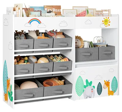 Immagine prodotto di Scaffale porta giocattoli per bambini - Libreria / Scaffale portaoggetti - 10 contenitori in tessuto - Legno - Con ante - Su rotelle - 30 x 109 x 80 cm