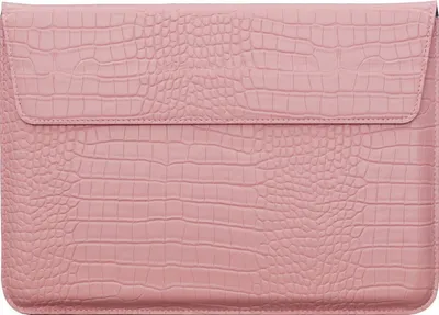 A pink laptop sleeve with a crocodile texture.