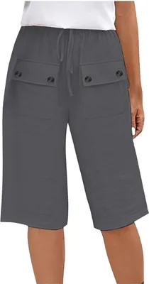 Produktbild von ASKSA Damen Leinen Shorts Sommer Knielang Kurze Hosen mit Taschen Stoffhose Laessig Elastische Taille Strandshorts (Dunkelgrau,XXL)