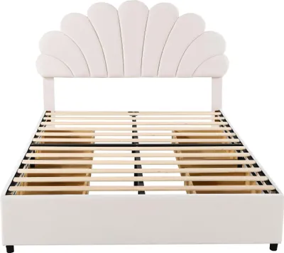 Produktbild von Polsterbett 140x200cm Doppelbett (Ohne Matratze) Jugendbett Mit blütenförmigem Kopfteil und Lattenrost Mit Ablagefächern Erwachsenenbett Beige Samt