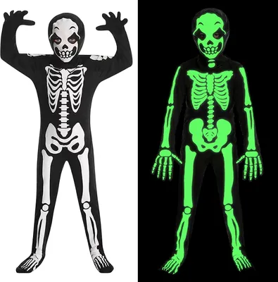 Obrázok produktu pre Detský kostým lebky, vhodný na Halloween, pre chlapcov, veľkosť približne 110-140 cm, ideálny na karnevalové oslavy