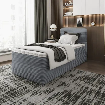 Produktbild von Bett, Boxspringbett, Continentalbett ZENO MINI mit Bonell Matratze, T25 Topper, Einzelbett mit Container, H3 80x200 cm, (Grau - Tilia 85)