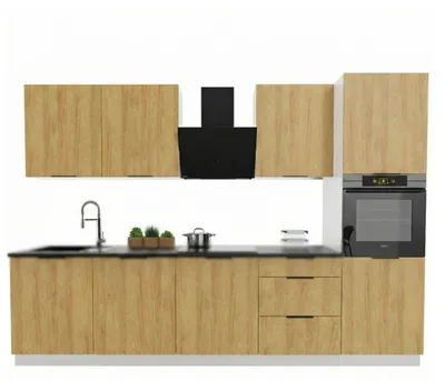 Obrázek produktu pro Kuchyňská linka 300 cm bez pracovní desky - Dub Hicora - horní a dolní skříňky - tiché dovírání Soft-Close - BONO