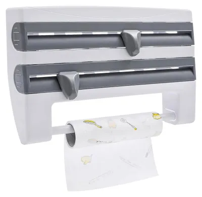 Produktbild von 2 in 1 Wand Küchenrollenhalter mit Frischhaltefolienspender - Wandrollenhalter für die Küche | Schneidabroller mit Folienschneider | geeignet für Papierrollen, Aluminiumfolie, Frischhaltefolie