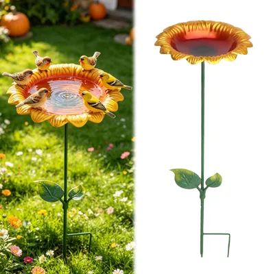 Imagen del producto de Bañera para pájaros de metal, diseño de girasoles, 20 cm de diámetro, ideal para jardín y balcón