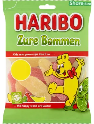 Obrázek produktu pro Haribo Zure Bommen 160g – ovocně-kyselé ovocné žvýkačkové sladkosti, ideální ke svačině