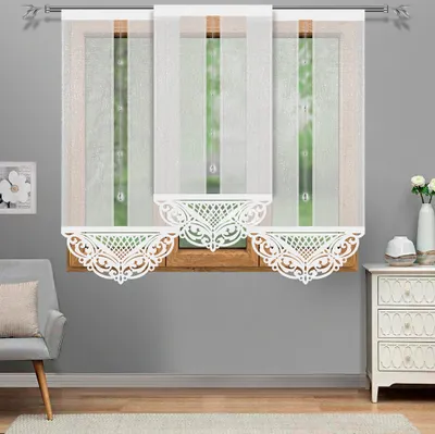 A close-up view of white curtains with decorative lace trim hanging over a window.