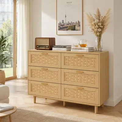 Produktbild von ProximaX Kommode 6 Schubladen Eiche Rattan Metall