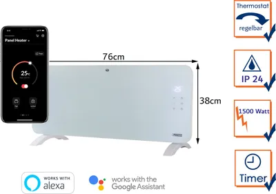A smart panel heater with dimensions and feature icons, alongside a smartphone displaying its control app.