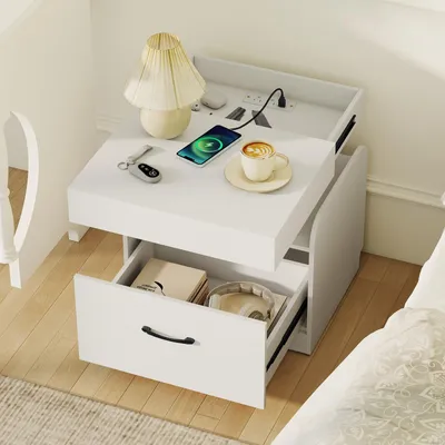 Produktbild von Nachttisch mit 2 Steckdosen &1 USB & 1 Typ-C Anschluss, Nachtschränkchen mit Schublade & Schiebetür, Beistelltisch Holz (Weiß)