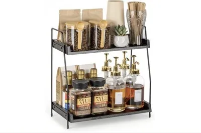 Immagine prodotto di Portacaffè, arredi per angolo caffè, legno, contenitore per caffè per angolo caffè, piani di lavoro, scaffale per erbe aromatiche, 2 ripiani, scatola porta-caffè per cucina, casa, ufficio, nero