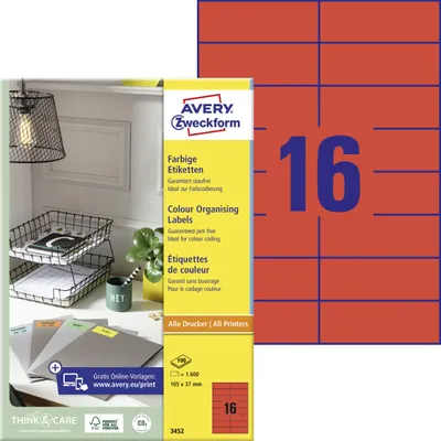 Obrázek produktu pro Avery Universal Labels, Red 105x37mm, 100 listy, 105 x 37, 1600 kusů