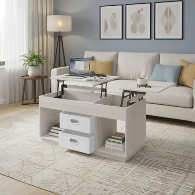 Obrázok produktu pre Výškovo nastaviteľný konferenčný stolík s 2 zásuvkami | Béžová farba | 100x50x48,5/62 cm