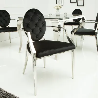 Produktbild von riess-ambiente Eleganter Stuhl MODERN BAROCK schwarz Samt mit Armlehnen und Zierknöpfen Esszimmerstuhl Essstuhl