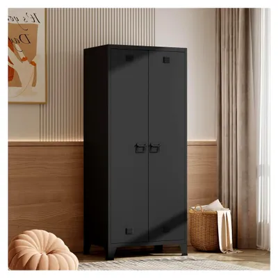 Produktbild von Kleiderschrank Hankasalmi 2-türig mit Kleiderstange, Metall Schwarz, Garderobenschrank mit 3 Ablagen, 180 x 90 x 40 cm