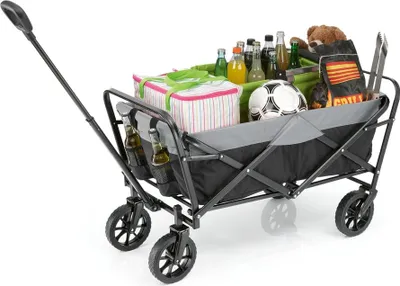 Produktbild von EASYmaxx Bollerwagen Handwagen Transportkarre bis 80 kg Tragkraft Faltbar Robuster Nylonbezug 360°-Drehgelenke Vorderräder Abdeckhaube Schwarz/Grau
