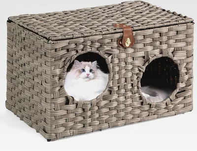 Produktbild von PE-Rattan Katzenhaus, Katzenbett mit abnehmbarem Kissen & verschließbarer Deckel, Katzenkorb Haustier Weidenhaus für die meisten Katzen, 60 x 35 x 35 cm