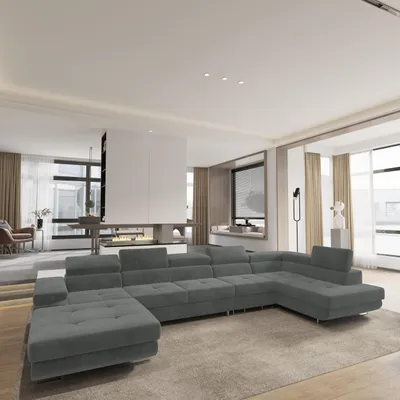 Produktbild von Masseno Ecksofa VELORA R-S mit Schlaffunktion U-Form, Sofa mit Bettkasten, Wohnzimmersofa, Couch, Soffa, Bettsofa, Couchgarnitur- Grau, MONOLITH 85