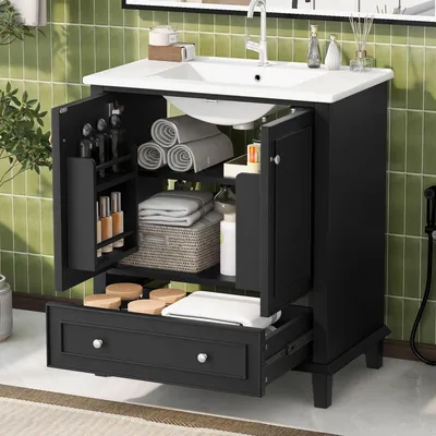 Produktbild von Mreax Waschbeckenunterschrank mit Schublade, 2 Türen mit Einlegeböden, Badezimmerschrank mit Massivholzbeinen, 76x46x87cm, Schwarz