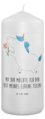 Produktbild von Mr. & Mrs. Panda Kerze Einhorn Blume 19 x 8 cm - Weiß - Geschenk, Erinnerungskerze, Einhörner, Wachskerze, Partner, Liebe, Zylinderkerze, Heiratsantrag, Erinnerungslicht