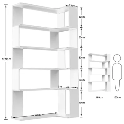 Immagine prodotto di Libreria angolare a 5 ripiani - Scaffale angolare a forma di L - Materiale: legno - Da montare - Dimensioni: 90 x 648 x 169 cm - Colore: bianco