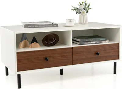A white and wood-grain media console with two drawers and open shelving, displayed on a white background.