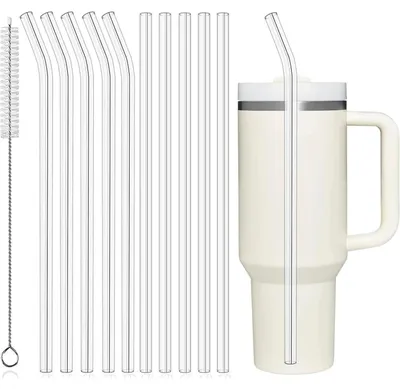 Image de Lot de 10 pailles réutilisables de 27,5 cm, compatibles avec les gobelets Stanley de 30 oz, en Tritan, transparentes, avec brosse de nettoyage