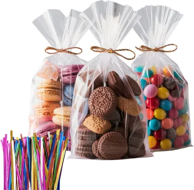 Produktbild von Durchsichtige Tüten 100 Stück mit Drehbändern – Cellophantüten - Leckerlitüten Kinderparty – Süßigkeitentüten – Geschenktüten – 15 x 25 cm
