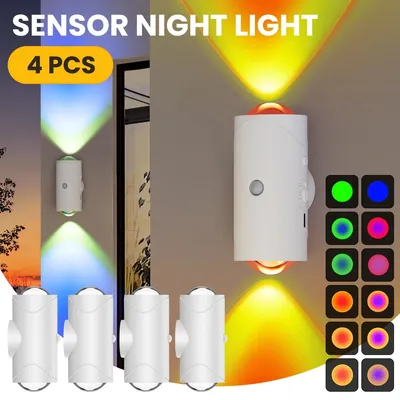Image de Éclairage nocturne - Veilleuse LED - Lot de 4 - Blanc - Détecteur de mouvement - Aimantée - 8 modes d'éclairage - USB
