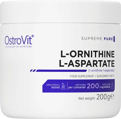 A white container of OstroVit L-Ornithine L-Aspartate food supplement.