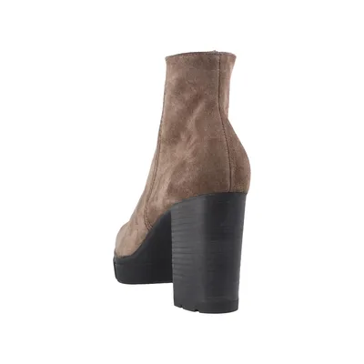 A single brown suede ankle boot with a thick heel is shown from the back on a white background.