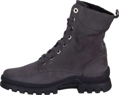 A side view of a gray lace-up boot with a black sole.
